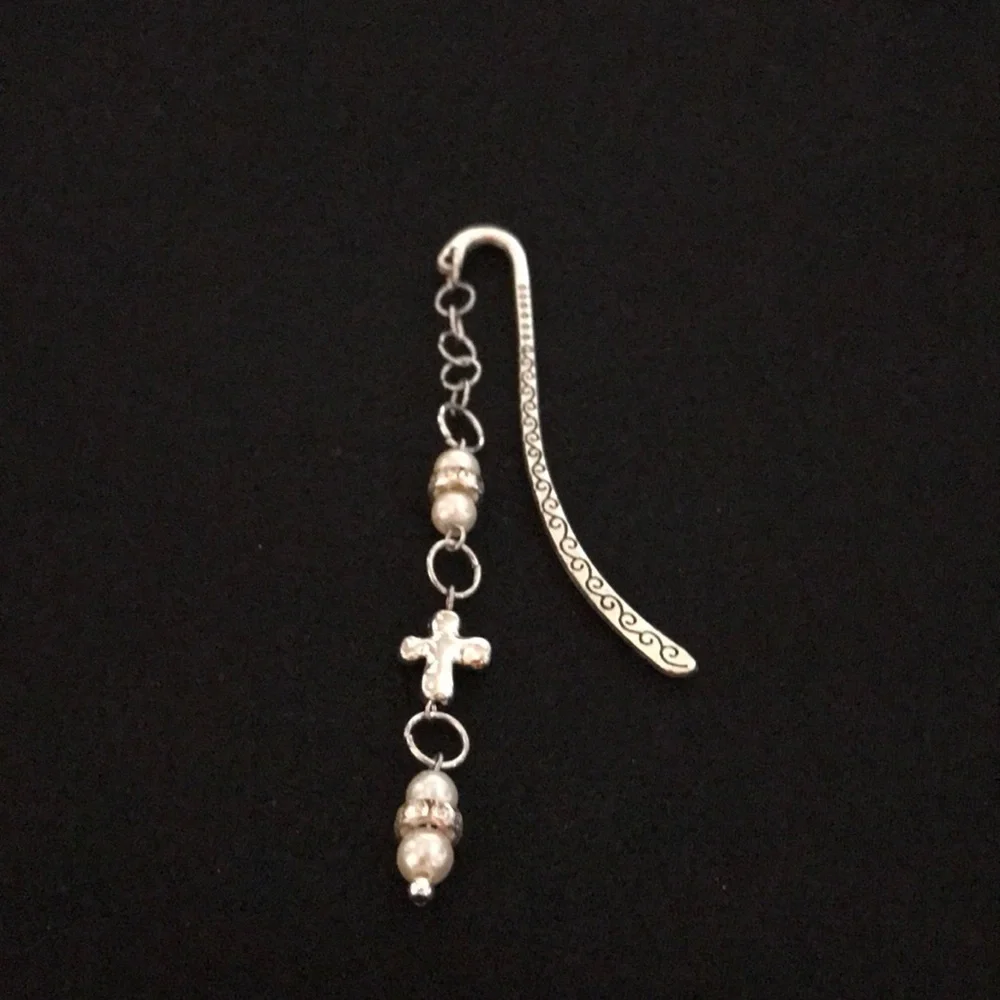 Metal Shepherds Hook Bookmark w/Chain, Glass Beads & Rondels, & Metal Cross Bead